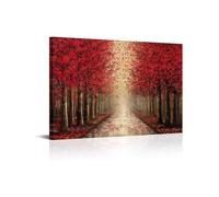 1 pezzo di tela da parete con sentiero nel bosco e albero rosso, dipinto di paesaggio impressionista moderno, opera d'arte astratta per la decorazione del soggiorno (60x80 cm/cornice interna)