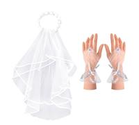 1 pezzo di velo ghirlanda bianco, 1 paio di guanti in pizzo con gancio, velo pompadour multistrato, velo da sposa, velo bordato, velo ghirlanda di rose, accessori da sposa