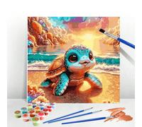 1 pezzo Dipinto per numero tartaruga tramonto vista mare figura artistica per adulti disegno da colorare per numero su tela decorazione per la casa 30x30 cmTessuto