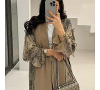 1 pezzo Elegante abaya con stampa batik, vita annodata, polsini spaccati, stile arabo di Dubai, moda saudita, cardigan aperto, scialle, adatto per uso quotidiano e occasioni Tagli UnicaTessuto intrecc
