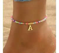 1 pezzo Elegante cavigliera da donna in stile boho chic con pendente a lettera dorata 26, perline colorate ed elastica, adatta per outfit da spiaggia e vacanza, regalo per amici (Prodotto consumabile)