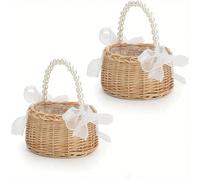 1 pezzo Elegante cestino portafiori in vimini per damigella d'onore con maniglie in perle e fiocchi di nastro - Cestino da matrimonio in rattan marrone realizzato a mano, ideale per le damigelle d'ono
