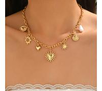 1 pezzo Elegante collana con ciondolo a forma di cuore dorato, collana con ciondoli multipli in lega a forma di sole e amore, gioiello affascinante adatto per uso quotidiano, decorazione, feste, festi