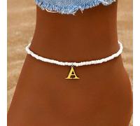 1 pezzo Elegante e alla moda Cavigliera da donna in stile vacanza al mare, con pendente a lettera dorata 26 e perline bianche elastiche L,M,S,H,A,T,O,X,B,C,D,E,F,G,I,J,K,N,P,Q,R,U,V,W,Y,ZAcciaio inoss