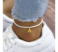 1 pezzo Elegante e alla moda Cavigliera da donna stile vacanza al mare, con pendente a lettera 26 dorato e perline bianche elastiche L,M,S,H,A,T,O,X,B,C,D,E,F,G,I,J,K,N,P,Q,R,U,V,W,Y,ZAcciaio inossida