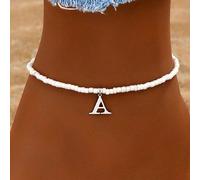 1 pezzo Elegante e alla moda Cavigliera da spiaggia da donna stile vacanza, con pendente a lettera dorata 26 e perline bianche elastiche L,M,S,H,A,T,O,X,B,C,D,E,F,G,I,J,K,N,P,Q,R,U,V,W,Y,ZAcciaio inos