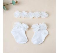 1 pezzo Fascia per capelli con fiore in chiffon bianco per neonati + 1 paio di calzini traforati per neonati Tagli Unica,blu,rosa,CachiTessuto