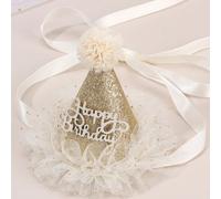 1 pezzo Fascia per capelli con glitter per il compleanno delle ragazze, con cappelli a forma di cima dorati e argentati 3D e ornamento in tulle beige, accessori per capelli con lettere in piedi che di