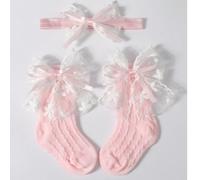 1 pezzo Fascia per capelli da principessa per bambina in colore unito con fiocco di pizzo + 1 paio di calzini in rete traspiranti con farfalla a metà polpaccio per bambini, forniture per bebè Tagli Un