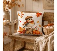 1 pezzo Federa cuscino con foglia d'acero autunnale, zucca e simpatico pettirosso con cappello, stampa su un lato, materiale velluto pesca delicato sulla pelle, 45*45CM/18*18 pollici, federa per decor