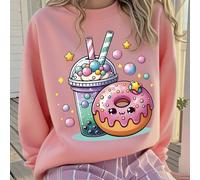 1 pezzo Felpa a maniche lunghe con stampa di ciambelle e bubble tea, stile carino per ragazze, tessuto morbido, perfetta per l'uso casual quotidiano in primavera e autunno 6Y,7Y,8Y,9Y,10Y,4Y,5Y,14Y,11