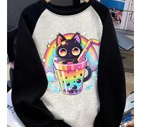 1 pezzo Felpa ampia con scollo a equipaggio, stampa di gatto che mangia i noodles, effetto patchwork e blocchi di colore, manica lunga, per ragazze adolescenti, adatta per il ritorno a scuola e la lau