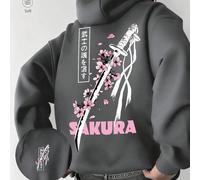 1 pezzo Felpa con cappuccio, felpa foderata termicamente con elemento di spada samurai e fiori di ciliegio, abbigliamento casual da tutti i giorni, per pendolarismo, outfit unisex per coppie, stampa g