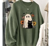 1 pezzo Felpa da donna con motivo gatto fantasma e floreale di Ognissanti, pullover comodo con girocollo stile Y2K, top casual autunnale per la stagione spettrale e l'uso quotidiano L,M,S,XL,XS,XXLHal