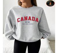1 pezzo Felpa da donna con scollo rotondo, stampa "Canada EST. 1867 The True North", casual, pullover, maniche lunghe, felpa girocollo grafica, outfit alla moda L,M,S,XL,XSLettere,sloganTessuto compos