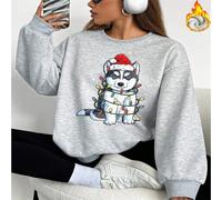 1 pezzo Felpa girocollo casual con fodera in pile, con stampa di un cucciolo di husky natalizio con luci di Natale, il regalo di compleanno e natalizio perfetto L,M,S,XL,XSLettere,sloganTessuto compos