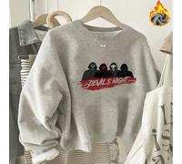 1 pezzo Felpa girocollo casual con grafica "Notte dei Diavoli" da donna, foderata in pile, il regalo perfetto per compleanni e festività, morbida e confortevole L,M,S,XL,XSLettere,sloganTessuto compos