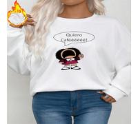 1 pezzo Felpa girocollo casual con stampa di ragazza cartoni animati, foderata in pile, il regalo perfetto per amanti del caffè e parlanti spagnolo L,M,S,XL,XSLettere,sloganTessuto composito
