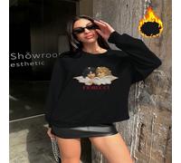 1 pezzo Felpa girocollo da donna con stampa di due angeli con ali, foderata in pile, calda e confortevole, regalo perfetto per compleanni e festività L,M,S,XL,XSLettere,sloganTessuto composito