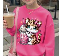 1 pezzo Felpa girocollo da ragazza, stile dolce e carino, con stampa leopardata a tema gatto, morbida e confortevole, adatta per la scuola in primavera e autunno 6Y,7Y,8Y,9Y,10Y,4Y,5Y,14Y,11Y,12Y,13Y,