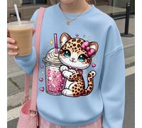 1 pezzo Felpa girocollo da ragazza, stile dolce e carino, con stampa leopardata a tema gatto, morbida e confortevole, adatta per la scuola in primavera e autunno 6Y,7Y,8Y,9Y,10Y,4Y,5Y,14Y,11Y,12Y,13Y,