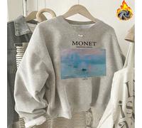 1 pezzo Felpa girocollo in pile caldo con stampa del dipinto "Impressione, levar del sole" di Monet, il regalo perfetto per compleanni e festività (top invernale confortevole) L,M,S,XL,XSLettere,sloga
