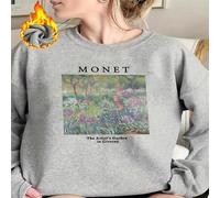 1 pezzo Felpa girocollo in pile con stampa dell'Impressione del Giardino di Claude Monet, ispirata al Giardino dell'Artista a Giverny, top estetico e confortevole per gli amanti dell'arte, felpa essen