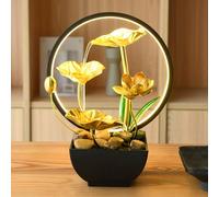 1 pezzo Fontanella da scrivania mini alimentata a USB, con decorazione in stile antico orientale caratterizzata da fiori di loto dorati e pietre naturali del fiume - Elegante design circolare in vetro