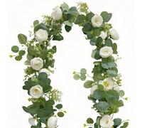 1 pezzo Ghirlanda artificiale di eucalipto con fiori, ghirlanda di rose bianche e respiro di bimbo, decorazione floreale e verdeggiante per matrimonio, festa, centrotavola, runner da tavolo, sfondo, d