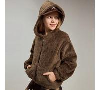 1 pezzo Giacca con cappuccio foderata termicamente per ragazze, colore marrone, spessa e calda, alla moda per uscite, uso quotidiano, ritorno a scuola 8Y,9Y,10Y,11Y,12YColore unicoPoliestere