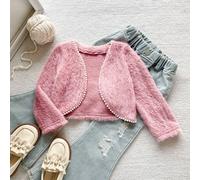 1 pezzo Giacca elegante casual da accademia per ragazze giovani, raffinata, comoda, versatile e facile da abbinare, con decorazione in perle bianche, in peluche rosa, con apertura frontale e maniche l