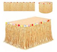 1 pezzo Gonna da tavolo in paglia gialla stile hawaiano luau con fiori di ibisco tropicali e nappine decorative - Copertura da tavolo in plastica durevole realizzata a macchina per matrimoni sulla spi