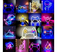 1 pezzo Insegna al neon a forma di controller di gioco, alimentata a batteria o USB, con decorazioni al neon a forma di alieno, stella, tuono, fulmine e fiamma, luce decorativa a LED per la stanza del
