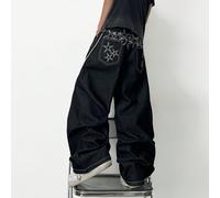 1 pezzo Jeans ampi e comodi con ricamo del marchio casual americano Justice Brother, design versatile per tutte le stagioni L,M,S,XL,XS,XXLGeometricoDenim