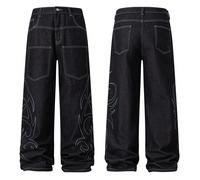 1 pezzo Jeans casual da uomo a vita alta, stile hip-hop, con ricami, toppe e tasche multiple, vestibilità ampia e gamba larga (cintura e accessori non inclusi) L,M,S,XL,XS,XXLGrafico,Colore unicoDenim