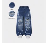 1 pezzo Jeans di jeans alla moda e consumati per ragazze, nuovi arrivi per la primavera/estate 6Y,7Y,4Y,5YColore unicoDenim