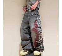 1 pezzo Jeans larghi e ampi da uomo stile Hong Kong, lavati, con ricamo floreale 3D alla moda, versatili (il prodotto non include cintura e accessori) L,M,S,XL,XS,XXLGrafico,Tradizione popolareDenim
