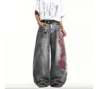 1 pezzo Jeans larghi e ampi da uomo stile Hong Kong, lavati, con ricamo floreale 3D alla moda, versatili (il prodotto non include cintura e accessori) L,M,S,XL,XS,XXLGrafico,Tradizione popolareDenim
