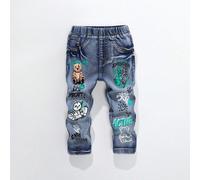 1 pezzo Jeans slim fit in denim per bambino, stile casual accademico vintage streetwear consigliato, + grafica in inglese cool e di stile, stampe verde + cachi + nero + bianco per personalizzare di pi