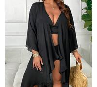 1 pezzo Kimono nero tinta unita extra large, copricostume estivo minimalista elegante per la spiaggia, accappatoio leggero e morbido, fashion costume da bagno lungo con maniche 0XL,1XL,2XL,3XLColore u