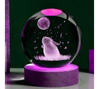 1 pezzo Lampada da notte con sfera di cristallo a forma di animale, decorazione per la casa, scolpita laser 3D a forma di gatto, coniglio, medusa con colori RGB cangianti, base in legno massello e glo