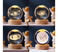 1 pezzo Lampada notturna a di cristallo 3D con alimentazione USB e base in legno, decorazione per la casa e la stanza, lampada notturna con motivi del sistema solare, luna, via lattea, Saturno, luce d