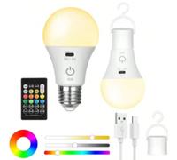 1 pezzo Lampadina LED ricaricabile, lampadina con telecomando e batteria, lampadina smart RGB con cambio colore, attacco E26, adatta per campeggio, escursioni, pesca, emergenze uragano Tagli Unica,Con