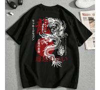 1 pezzo Maglietta a maniche corte con collo tondo, stile classico minimalista giapponese, con stampa grafica di drago, casual, adatta per ragazzi adolescenti, per il ritorno a scuola, colore nero 14Y,