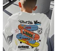 1 pezzo Maglietta a maniche corte con grafica di uno skateboard bianco, adatta per ragazzi pre-adolescenti, top estivo per ragazzi pre-adolescenti 6Y,7Y,8Y,9Y,10Y,14Y,11Y,12Y,13YAuto,Fumetto,LetterePo
