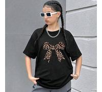 1 pezzo Maglietta a maniche corte con scollo tondo, vestibilità morbida, stampa fiocco e motivo leopardato, adatta per adolescenti, per primavera/estate/autunno, da indossare dentro e fuori casa 8Y,9Y