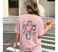 1 pezzo Maglietta a maniche corte con slogan religioso "Dio è buono" per ragazze, maglietta casual ampia in stile americano con stampa di croce e cuore per bambini, traspirante, con stampa fronte e re