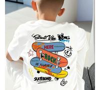 1 pezzo Maglietta a maniche corte con stampa di skateboard per ragazzo pre-adolescente, adatta per studenti giovani, top estivo per ragazzi 6Y,7Y,8Y,9Y,10Y,14Y,11Y,12Y,13YAuto,Fumetto,LetterePoliester