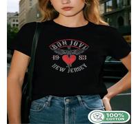 1 pezzo Maglietta a maniche corte da donna in 100% cotone con stampa della band Bon Jovi, abbigliamento casual, regalo perfetto per vacanze, compleanni, adatto per uso quotidiano. L,M,S,XLGeometrico,C