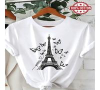 1 pezzo Maglietta a maniche corte da donna in 100% cotone con stampa grafica della Torre Eiffel e farfalle di Parigi, il regalo perfetto per compleanni e vacanze L,M,S,XLHalloweenTessuto in maglia